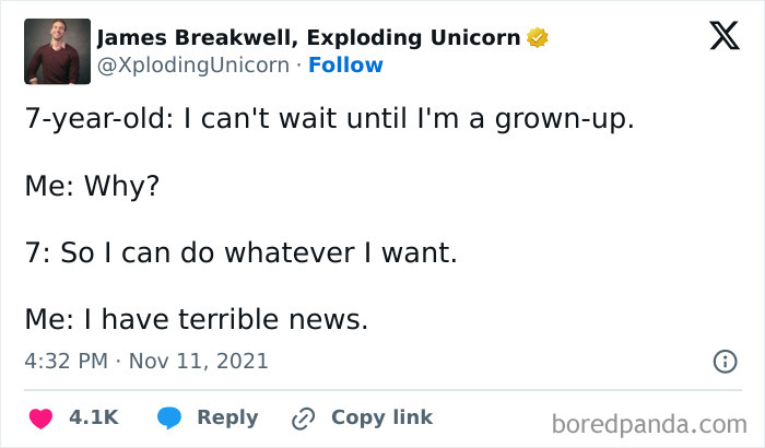 Parenting meme tweet about a 7-year-old wanting to be grown-up and parenting realities no book can teach.