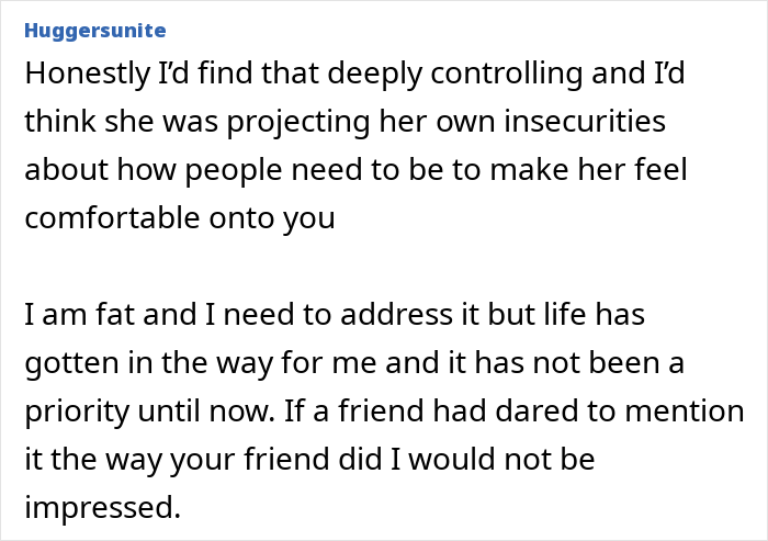 Comment discussing a woman seeing a good friend after years and addressing weight loss advice with mixed feelings. Comment discussing a woman seeing a good friend after years and addressing weight loss advice with mixed feelings.