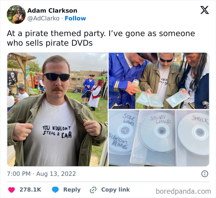 Man at a pirate-themed party wearing a humorous shirt and holding pirate DVD cases in a chaotic British memes style.