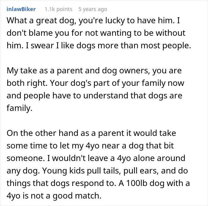 User comment discussing dog attacks on intruders and concerns about dogs labeled dangerous around kids. User comment discussing dog attacks on intruders and concerns about dogs labeled dangerous around kids.