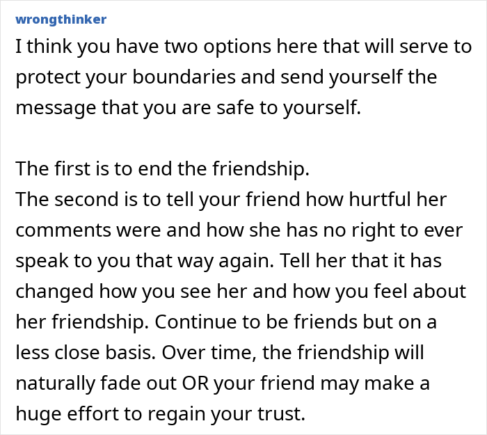 Comment discussing how to handle a friend telling someone to lose weight after many years apart. Comment discussing how to handle a friend telling someone to lose weight after many years apart.