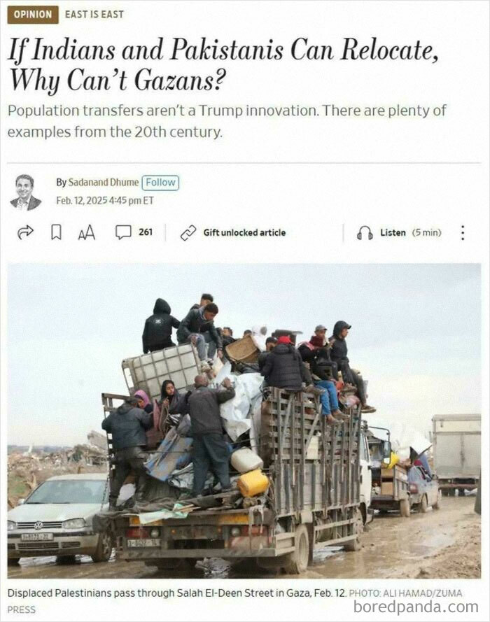 Displaced Palestinians crowded on a truck in Gaza, illustrating scenes of modern life in a boring dystopia.