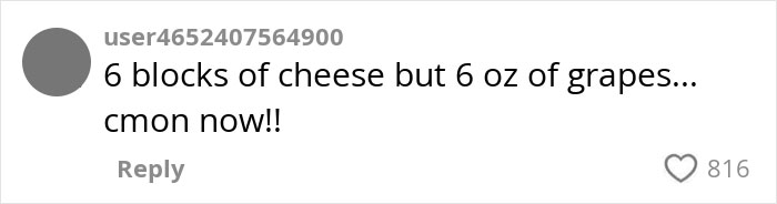 Comment discussing cheese and grapes portion sizes in an American family grocery haul conversation. Comment discussing cheese and grapes portion sizes in an American family grocery haul conversation.