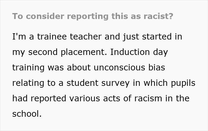 Text excerpt about a trainee teacher attending unconscious bias training after reports of racism in a school.
