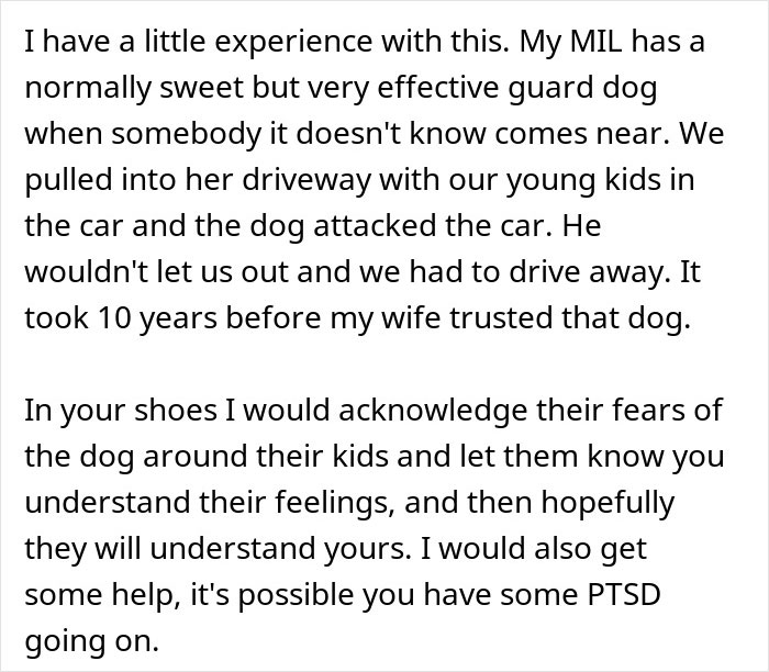 Comment discussing a guard dog that attacked a car with children inside and concerns about dog safety around kids. Comment discussing a guard dog that attacked a car with children inside and concerns about dog safety around kids.