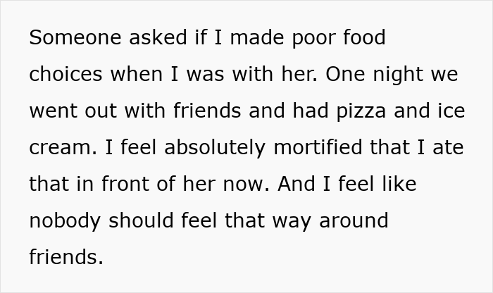Text message discussing feeling mortified about food choices around a good friend after seeing her following 7 years. Text message discussing feeling mortified about food choices around a good friend after seeing her following 7 years.