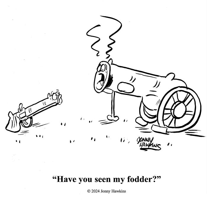 Playful one-panel comic by Jonathan Ray Hawkins featuring anthropomorphic cannons with humorous dialogue.