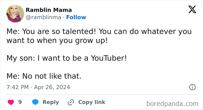 Parent sharing humorous parenting meme about kids' unexpected career dreams in funny parenting memes collection.