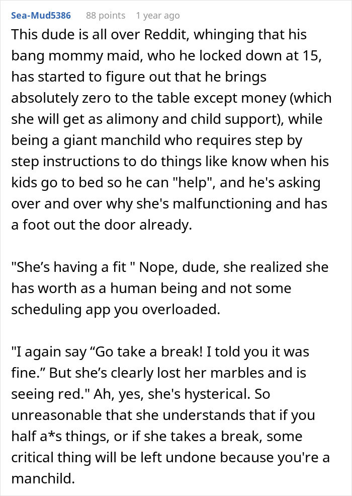 Screenshot of a Reddit comment discussing a man telling his wife she couldn’t do it without him and her proving him wrong.