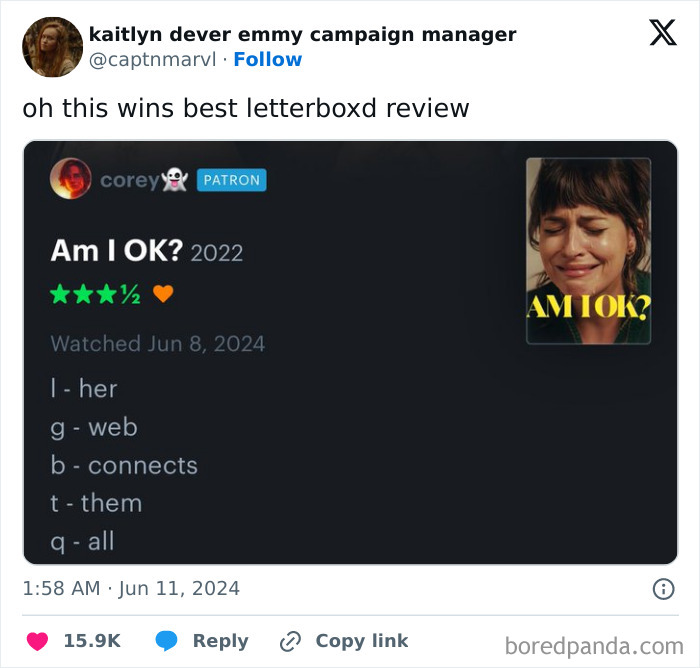 Social media post showing a humorous product review with a clever text breakdown, highlighting sense of humor in reviews.