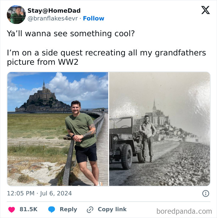 Side-by-side photo meme of a man recreating his grandfather’s WW2 picture, featured in entertaining posts and memes to fight boredom.