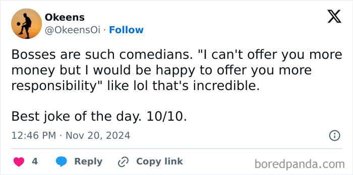 Tweet about bosses making work memes, highlighting humor about job responsibilities and salary, perfect for work meme fans.