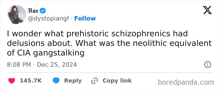 Tweet screenshot showing a unique sentence about prehistoric schizophrenia and neolithic gangstalking, illustrating unusual sentence examples.