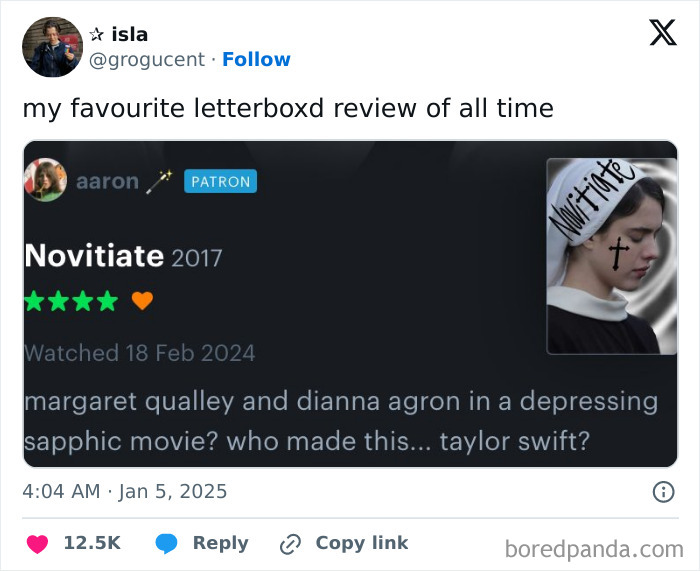 Screenshot of a humorous product and service review praising a sapphic movie with witty commentary.