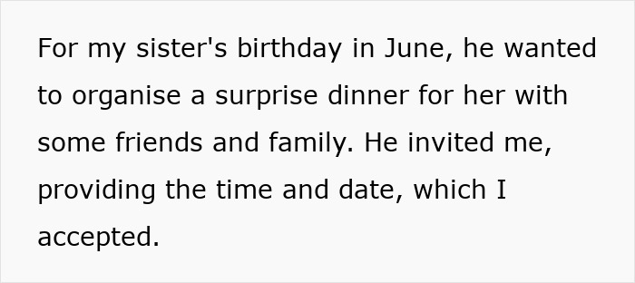 Text about organizing a surprise birthday dinner, with doubts about sister's boyfriend feeling quite fake. Text about organizing a surprise birthday dinner, with doubts about sister's boyfriend feeling quite fake.