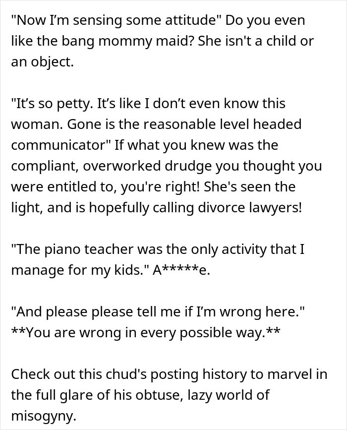 Screenshot of a text conversation where a man doubts his wife’s capabilities but she proves him wrong.