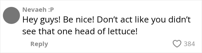 Comment from Nevaeh urging kindness and referencing a head of lettuce in an American family grocery haul discussion. Comment from Nevaeh urging kindness and referencing a head of lettuce in an American family grocery haul discussion.