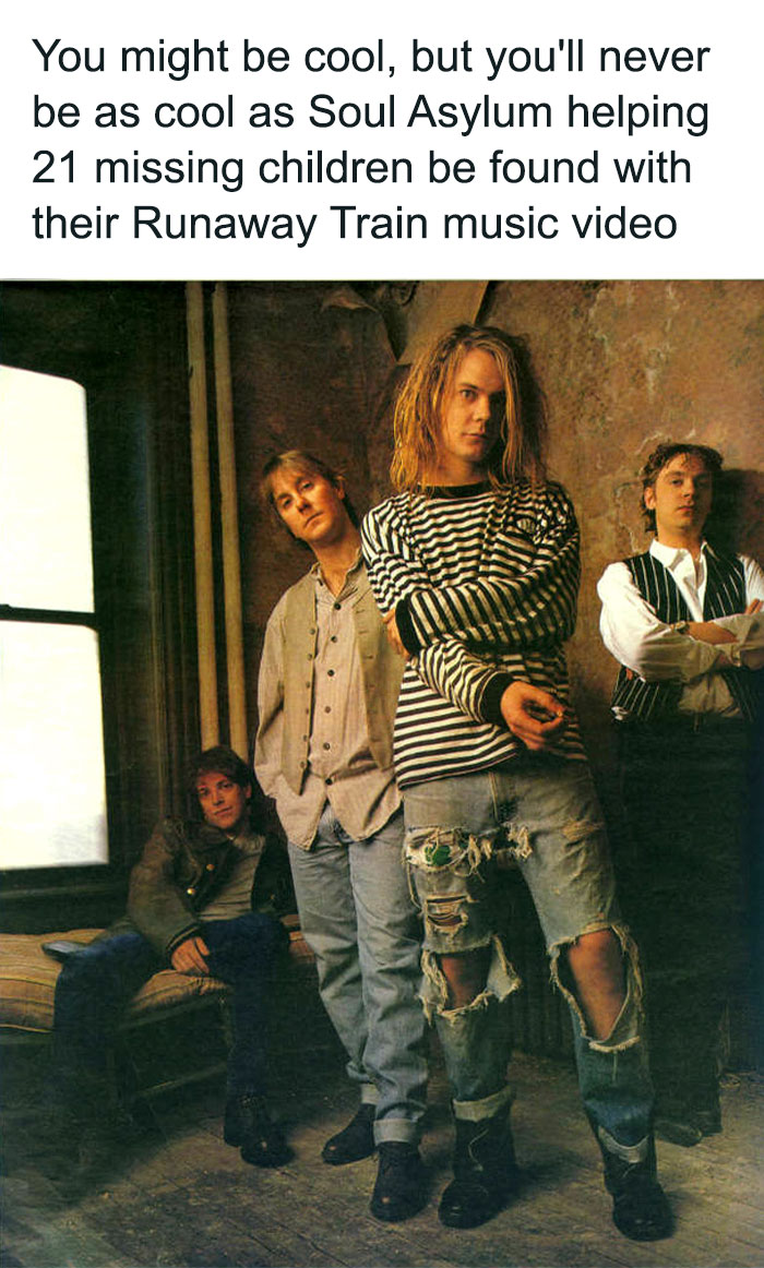 90s band Soul Asylum pictured in a room with grunge fashion, referencing nostalgia and missing children awareness from the era.