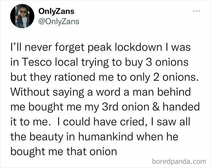 Tweet describing a kind act during peak lockdown in the U.K., reflecting chaos in British memes culture.