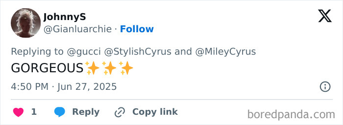 Screenshot of a social media reply praising a viral Miley Cyrus Gucci photo sparking discussion about eyebrow trends. Screenshot of a social media reply praising a viral Miley Cyrus Gucci photo sparking discussion about eyebrow trends.