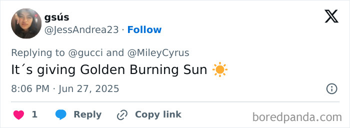 Social media user replying to Miley Cyrus Gucci tweet, sparking discussion on the trend of not having eyebrows. Social media user replying to Miley Cyrus Gucci tweet, sparking discussion on the trend of not having eyebrows.