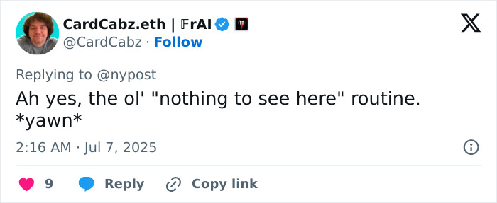 Tweet by user CardCabz.eth commenting on Epstein jail video missing minutes fueling doubts about him acting alone amid DOJ claims. Tweet by user CardCabz.eth commenting on Epstein jail video missing minutes fueling doubts about him acting alone amid DOJ claims.