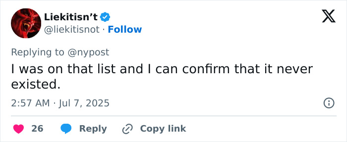 Screenshot of a tweet denying the existence of a client list related to the Epstein jail video controversy. Screenshot of a tweet denying the existence of a client list related to the Epstein jail video controversy.