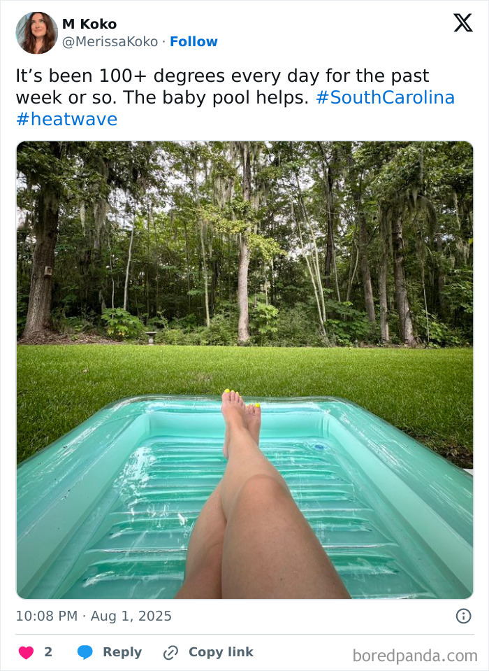 Person relaxing in an inflatable baby pool with feet up, cooling off during a south Carolina heatwave in backyard.