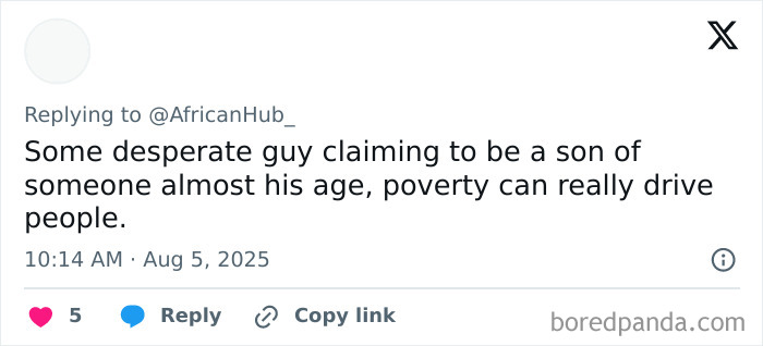 Screenshot of a social media reply discussing a 40-year-old Kenyan man’s claim of being Elon Musk’s eldest son. Screenshot of a social media reply discussing a 40-year-old Kenyan man’s claim of being Elon Musk’s eldest son.
