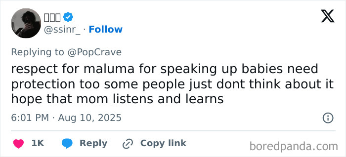 Tweet criticizing irresponsible mom, praising singer who abruptly stops concert for protecting babies and speaking up about safety. Tweet criticizing irresponsible mom, praising singer who abruptly stops concert for protecting babies and speaking up about safety.