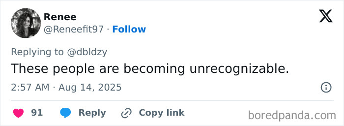 Screenshot of a social media reply discussing the trend of not having eyebrows and people becoming unrecognizable. Screenshot of a social media reply discussing the trend of not having eyebrows and people becoming unrecognizable.