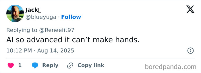 Screenshot of a social media post commenting on AI limitations, related to the trend of not having eyebrows. Screenshot of a social media post commenting on AI limitations, related to the trend of not having eyebrows.