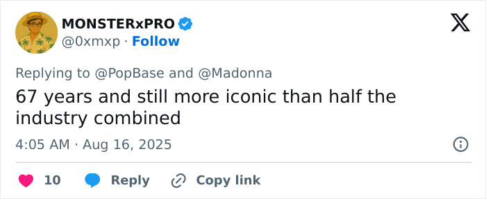 Tweet showing praise for Madonna at 67 years old, described as more iconic than half the music industry combined. Tweet showing praise for Madonna at 67 years old, described as more iconic than half the music industry combined.