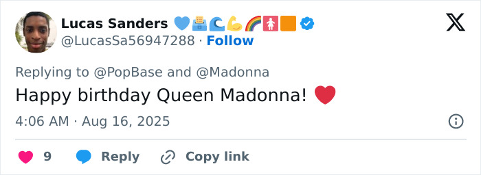Screenshot of a Twitter birthday message for Madonna, referencing her retirement age and cosmetic change advice. Screenshot of a Twitter birthday message for Madonna, referencing her retirement age and cosmetic change advice.