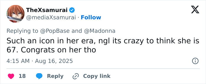 Screenshot of a tweet praising Madonna as an iconic figure at retirement age following her boyfriend’s cosmetic change advice. Screenshot of a tweet praising Madonna as an iconic figure at retirement age following her boyfriend’s cosmetic change advice.