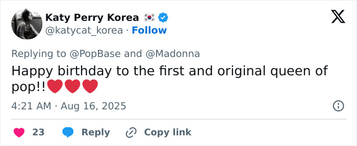 Tweet from Katy Perry Korea praising Madonna as queen of pop, relating to Madonna's retirement age and boyfriend’s cosmetic advice. Tweet from Katy Perry Korea praising Madonna as queen of pop, relating to Madonna's retirement age and boyfriend’s cosmetic advice.
