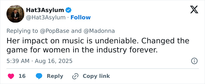 Tweet discussing Madonna's undeniable impact on music and her influence on women in the industry. Tweet discussing Madonna's undeniable impact on music and her influence on women in the industry.