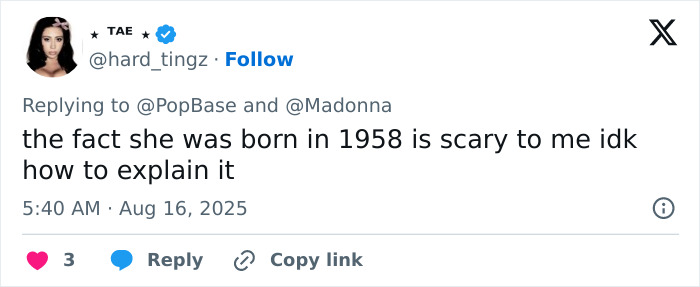 Tweet discussing Madonna hitting retirement age and following her boyfriend's unexpected cosmetic change advice. Tweet discussing Madonna hitting retirement age and following her boyfriend's unexpected cosmetic change advice.