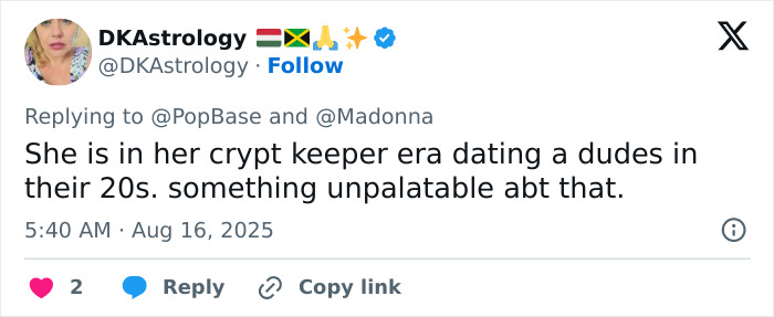 Tweet discussing Madonna hitting retirement age and following cosmetic change advice from her younger boyfriend. Tweet discussing Madonna hitting retirement age and following cosmetic change advice from her younger boyfriend.