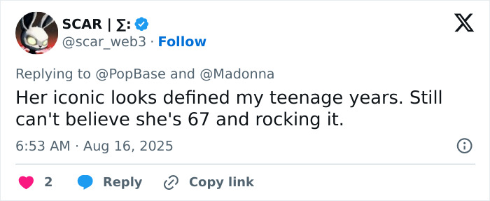 Tweet on Madonna hitting retirement age and following cosmetic advice from her 29-year-old boyfriend, reflecting on her iconic looks. Tweet on Madonna hitting retirement age and following cosmetic advice from her 29-year-old boyfriend, reflecting on her iconic looks.