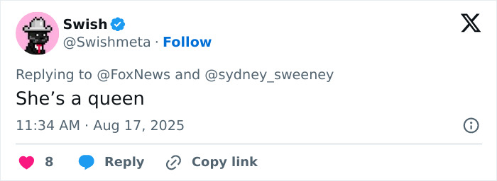 Tweet from user Swish praising Sydney Sweeney amid backlash and box office flop of her new movie. Tweet from user Swish praising Sydney Sweeney amid backlash and box office flop of her new movie.