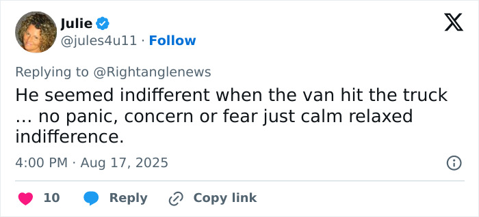 Tweet showing user Julie commenting on a truck driver’s illegal U-turn and indifferent reaction during fatal crash. Tweet showing user Julie commenting on a truck driver’s illegal U-turn and indifferent reaction during fatal crash.