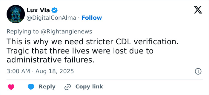 Tweet discussing the need for stricter CDL verification after a truck driver’s illegal U-turn caused fatal accident. Tweet discussing the need for stricter CDL verification after a truck driver’s illegal U-turn caused fatal accident.