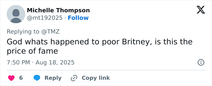 Twitter comment expressing concern about Britney Spears and the impact of fame on her well-being. Twitter comment expressing concern about Britney Spears and the impact of fame on her well-being.