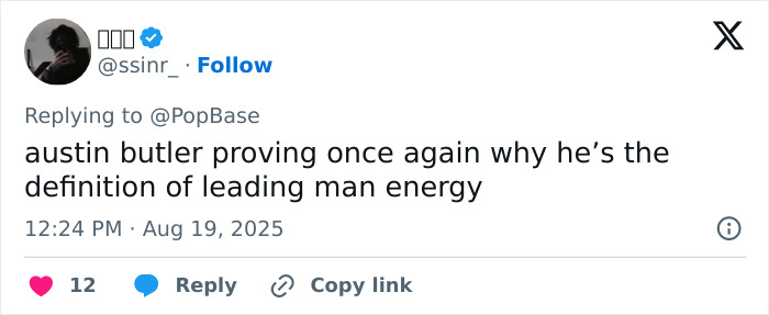 Tweet text praising Austin Butler demonstrating peak male body and leading man energy after health struggles. Tweet text praising Austin Butler demonstrating peak male body and leading man energy after health struggles.