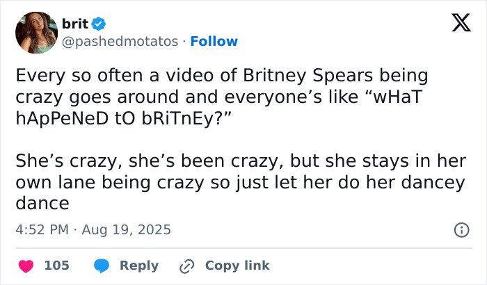 Tweet discussing Britney Spears' wild video causing major worry about her behavior in a messy house setting. Tweet discussing Britney Spears' wild video causing major worry about her behavior in a messy house setting.