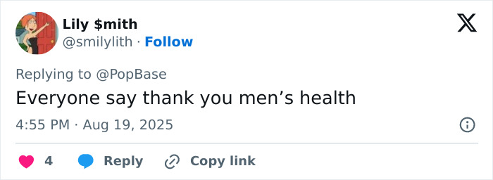 Tweet from Lily $mith expressing gratitude for men's health awareness with 4 likes and a reply option visible. Tweet from Lily $mith expressing gratitude for men's health awareness with 4 likes and a reply option visible.