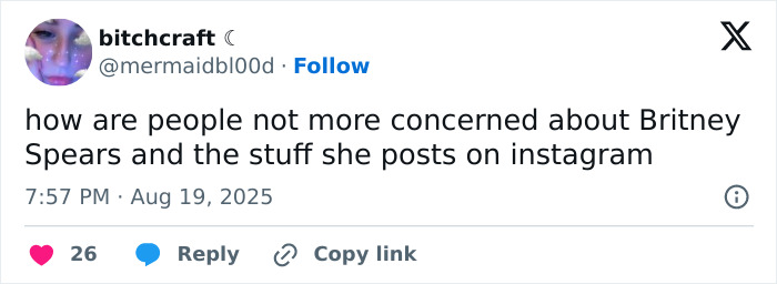 Concerned tweet about Britney Spears and her Instagram posts amid worries sparked by wild video from messy house. Concerned tweet about Britney Spears and her Instagram posts amid worries sparked by wild video from messy house.