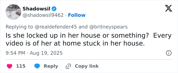 Social media post questioning Britney Spears' well-being, mentioning her stuck at home in a messy house video sparking intervention concerns. Social media post questioning Britney Spears' well-being, mentioning her stuck at home in a messy house video sparking intervention concerns.