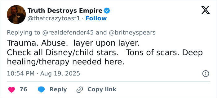 Tweet expressing concern about Britney Spears, highlighting trauma and the need for healing and therapy after a messy house video. Tweet expressing concern about Britney Spears, highlighting trauma and the need for healing and therapy after a messy house video.